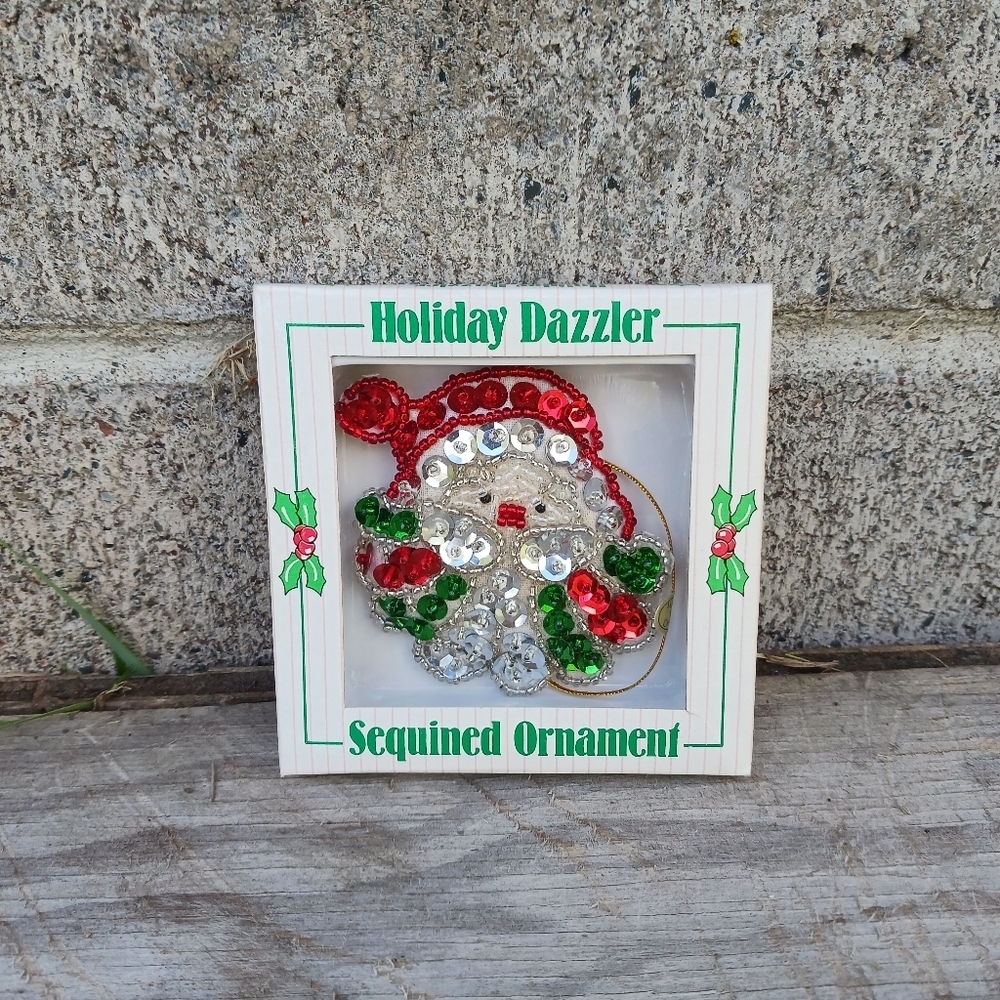 Vintage GIFTCO Holiday Dazzler Sequined Tree‎ Ornaments Santa NIB